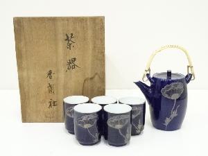 JAPANESE POTTERY OLD KORANSHA / COBALT GLAZE TEA POT & CUP SET 